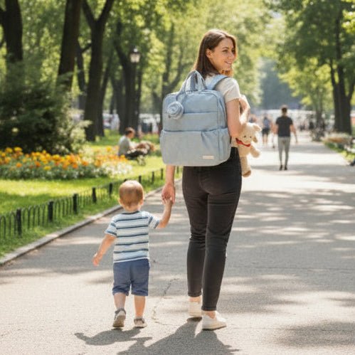 Sac à dos à langer multipoches bleu maman et fiston
