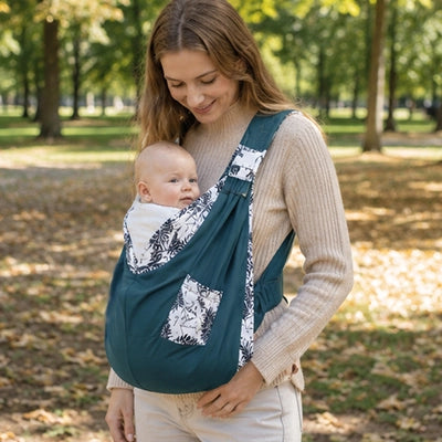 echarpe de portage joli imprime teal maman et bebe assis