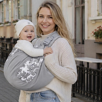 echarpe de portage joili imprimié gris maman porte bebe assis