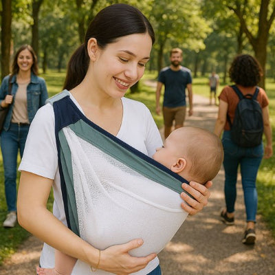 Echarpe de portage tissu mesh maman bebe en randonnee