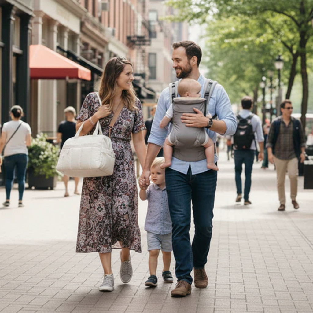 famille sac a langer blance et papa porte bebe