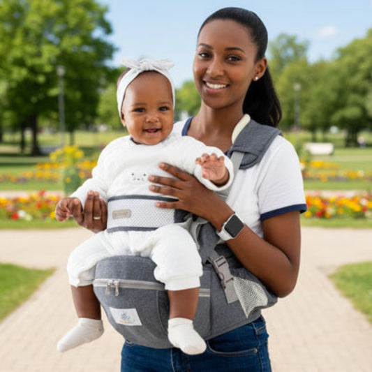 maman tient bebe avec  porte bebe hanche gris