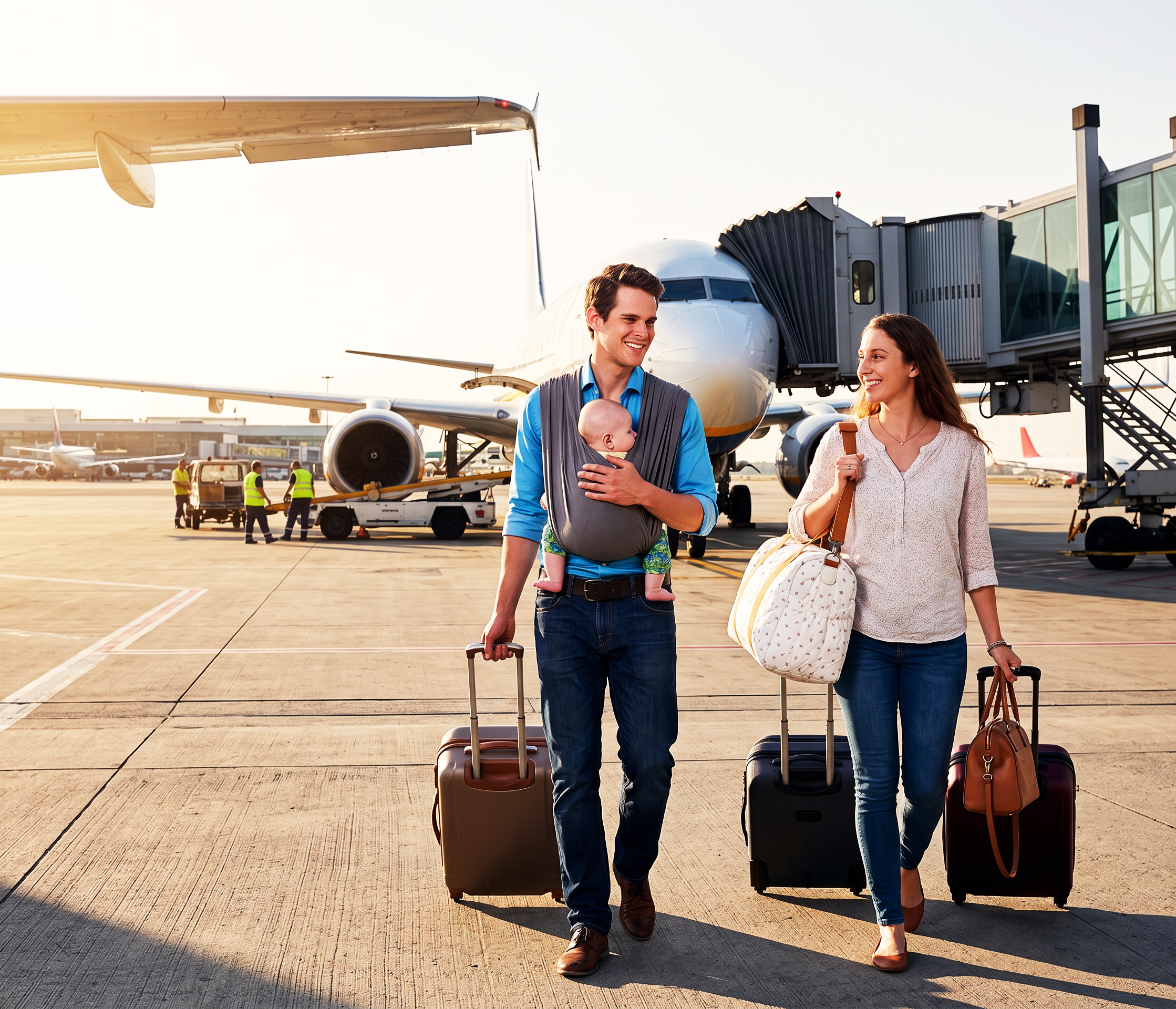 parents et bebe prennent l'avion