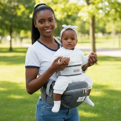 Porte bebe hanche gris maman tient bebe