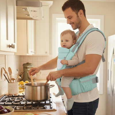 porte bebe multi fonctionnel vert pastel papa cuisine avec bebe