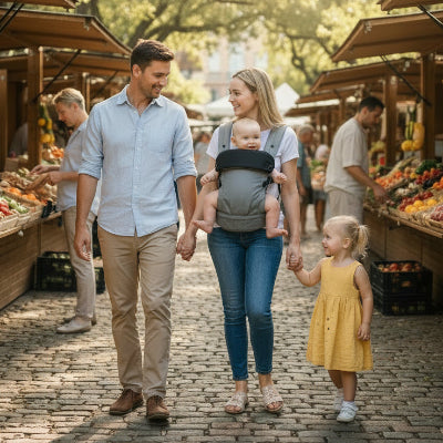 porte bébé physiologique respirant couple au marché bébé et fillette