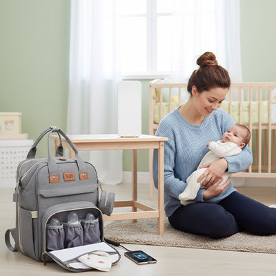 sac à dos à langer sac gris biberons maman bebe