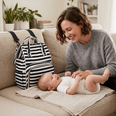 sac a dos a langer ultra organise rayé maman bebe canapé
