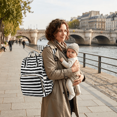 sac a dos a langer ultra organise rayé maman bébé
