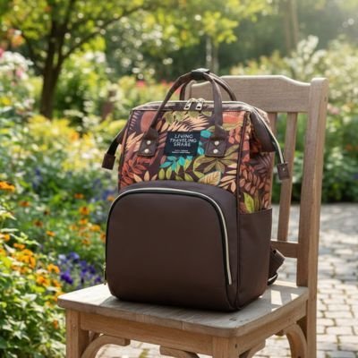 sac a langer feuillu brun sur chaise