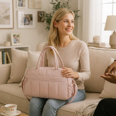 sac a langer elegant leger rose poudre femme porte sur genoux assise canape