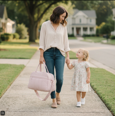 sac a langer elegant leger rose_poudre maman porte sac main avec fillette